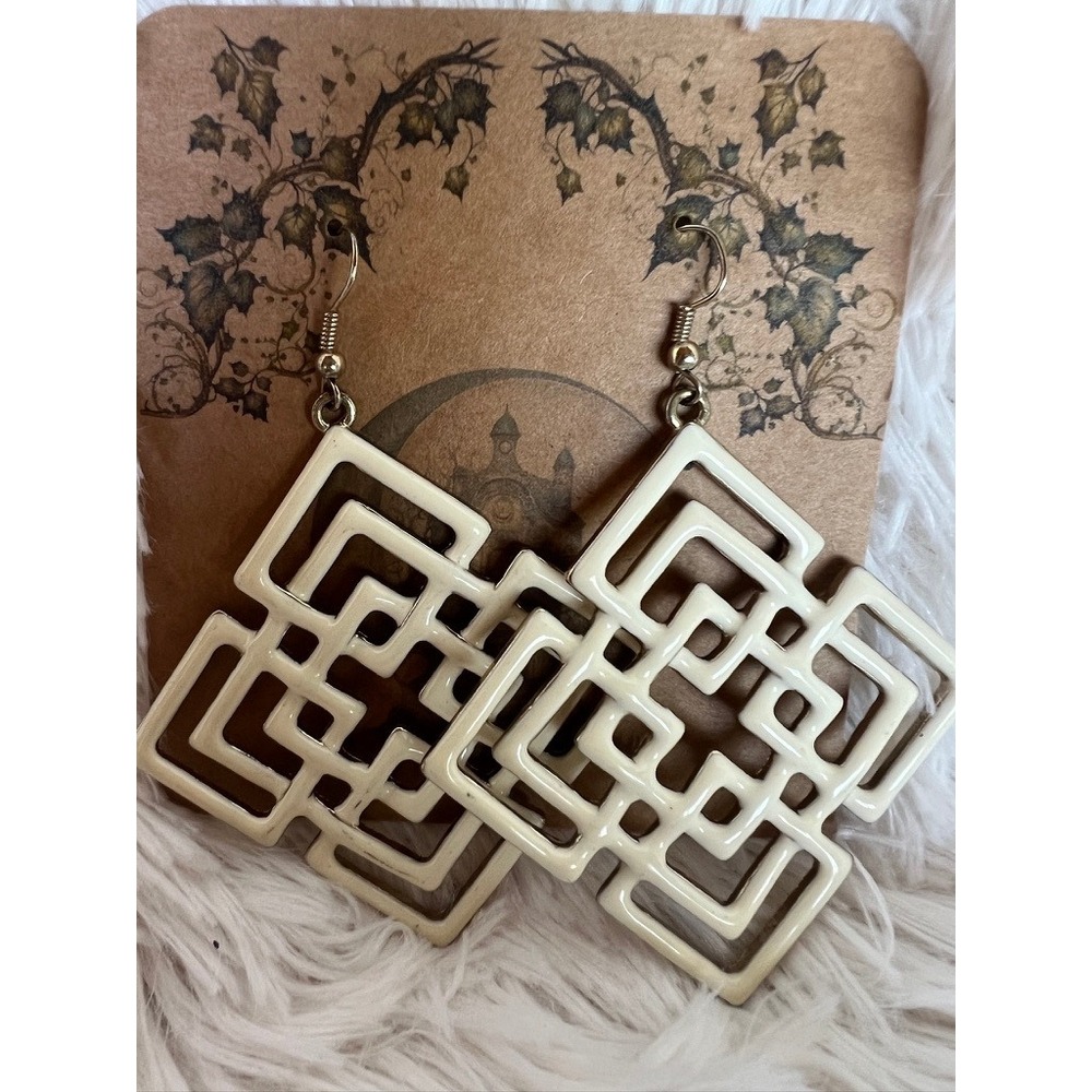 Vintage Ivory Enamel Geometric Earrings Gold Tone 3" Mod Statement Dangles